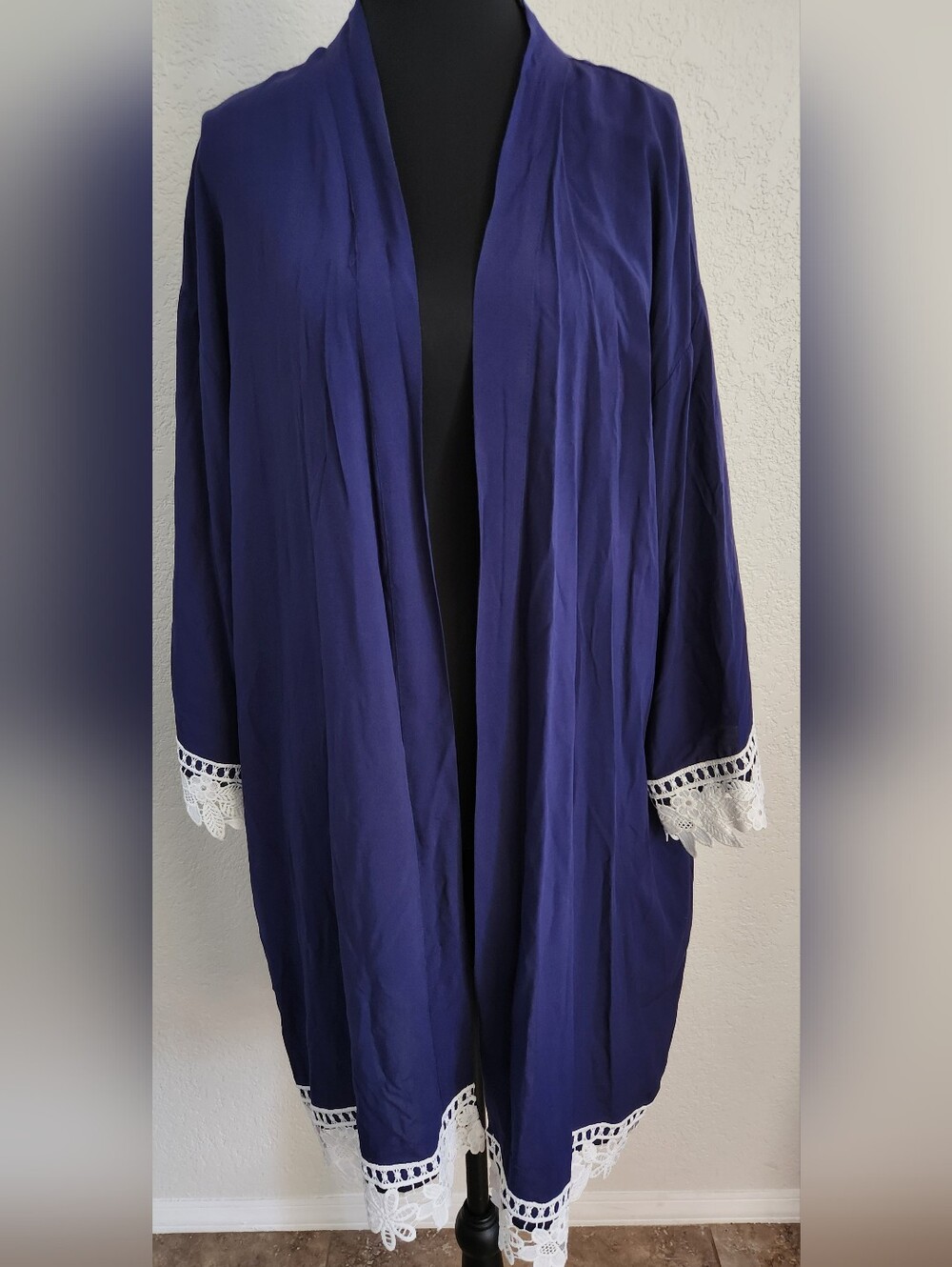 Blair + Emily Crochet Lace Trim Open Front Robe, Kimono Duster, Boho, Navy Blue